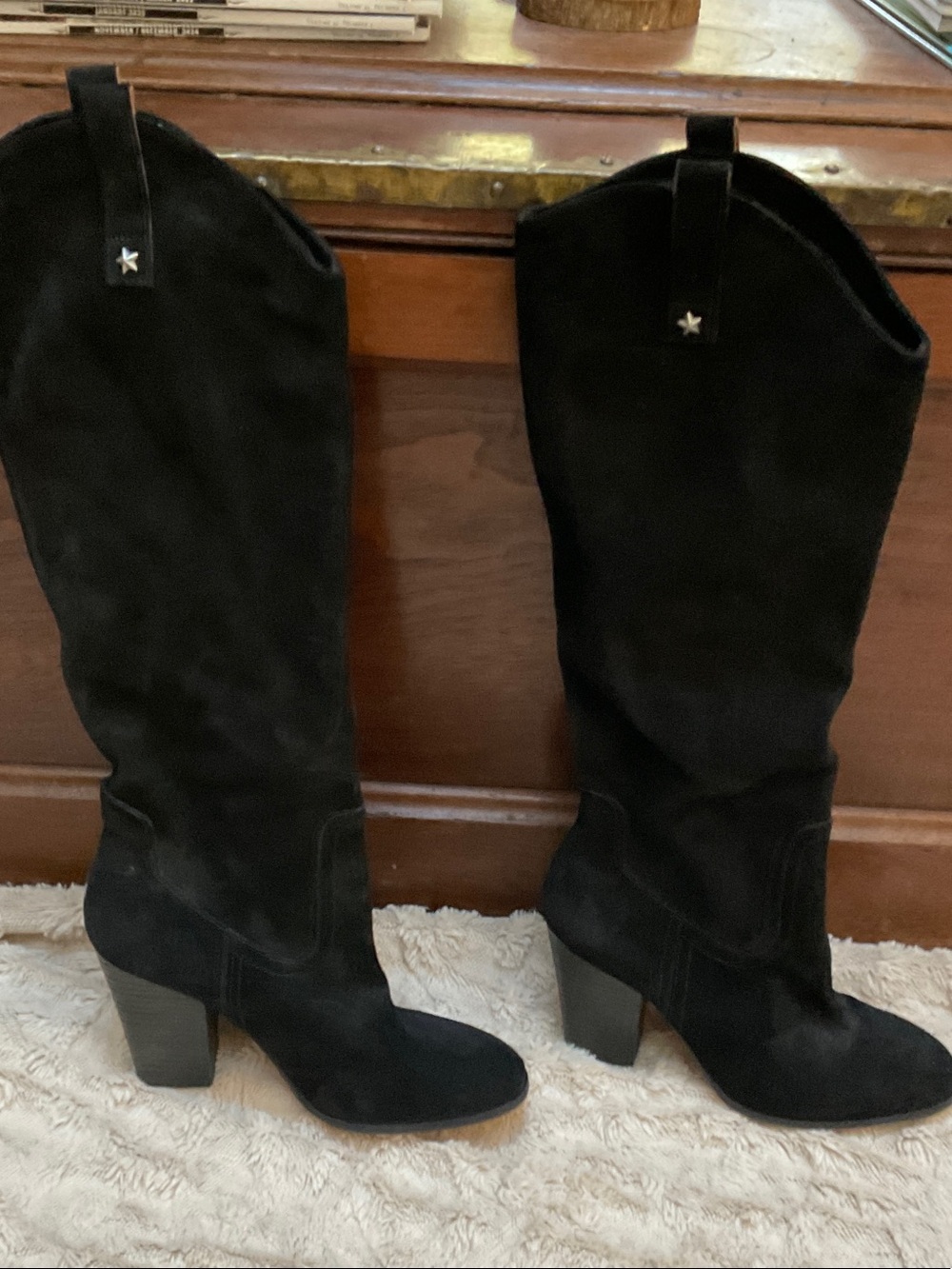 Free People Black Suede Knee-High Block Heel Boots